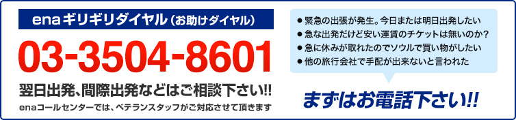 enaギリギリダイヤル03-5155-8590 翌日出発、間際出発などはご相談ください!
