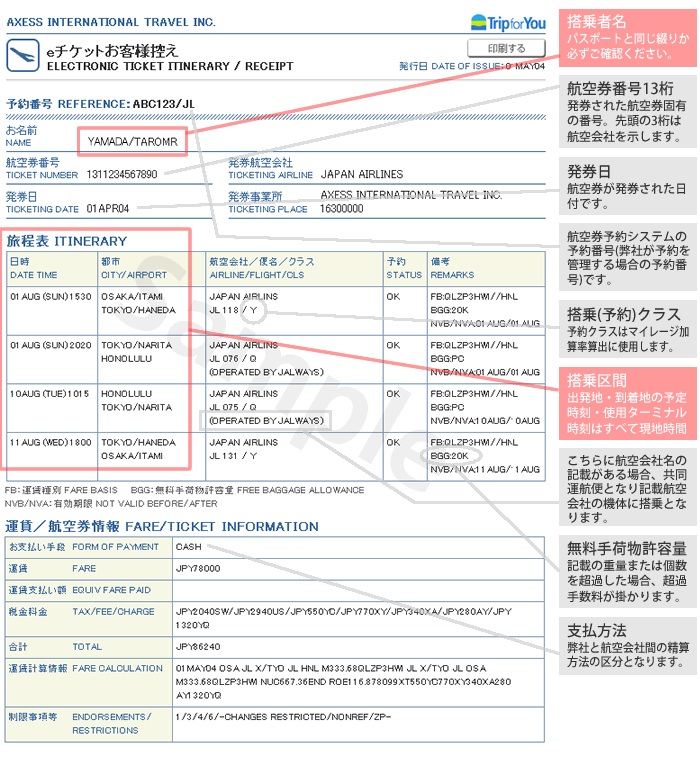 Eチケット Axess の見本と見方 Ena イーナ の海外旅行用語集